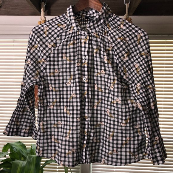 Madewell Plaid Bell Sleeve Embroidered Flowers - Picture 2 of 9